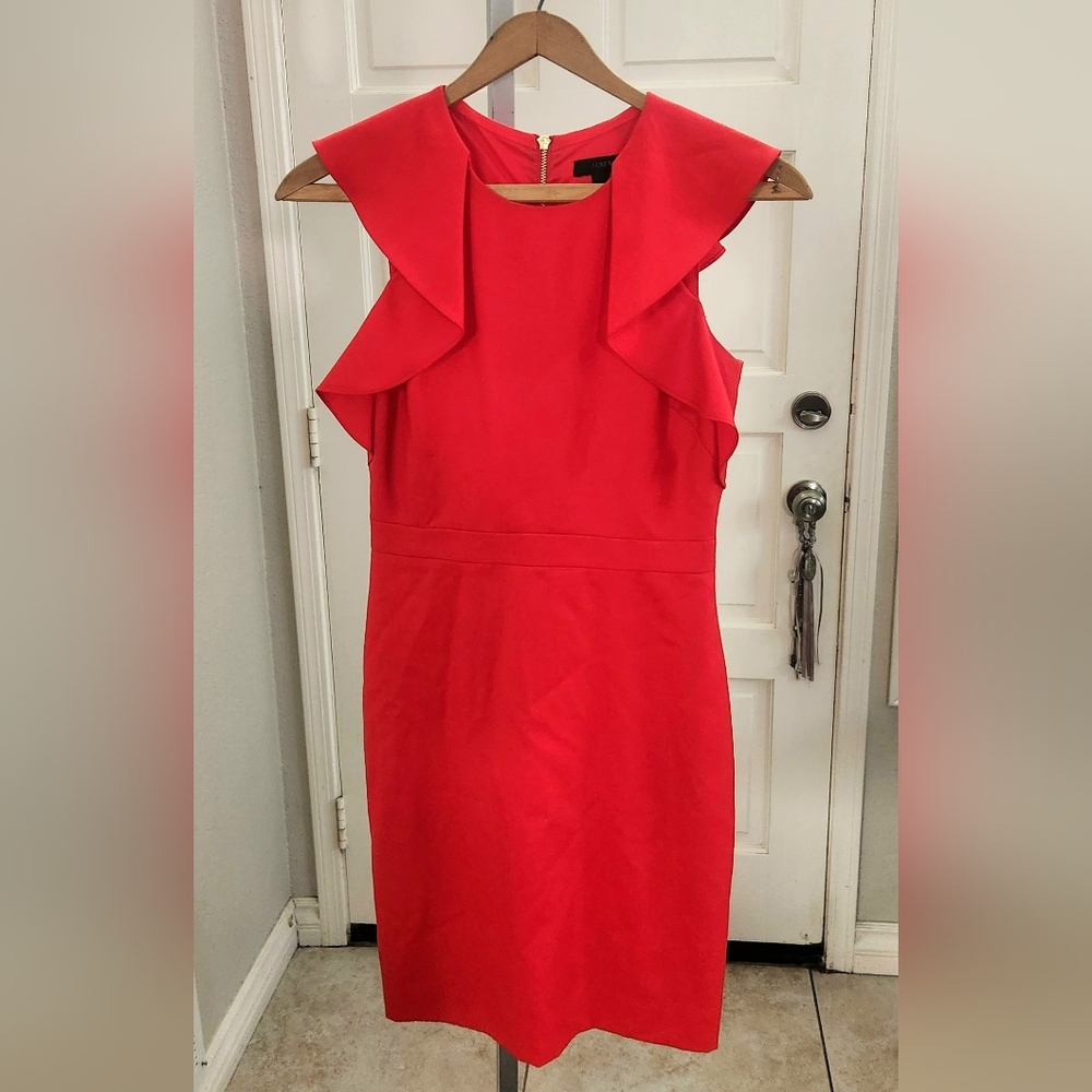 J Crew Dress Womens 2P Red Wool Monday Ruffle Sheath Knee Length Career designer